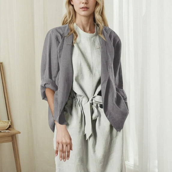 Sevevn Women's V-neck Cotton And Linen Jacket Cardigan Home Casual Long Sleeved V-neck Top/shirt New Year Savings Gray S