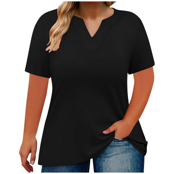 Sevevn Women's V-neck Solid Color Short Sleeves Oversized T-shirt Top Black L Deal of the Week