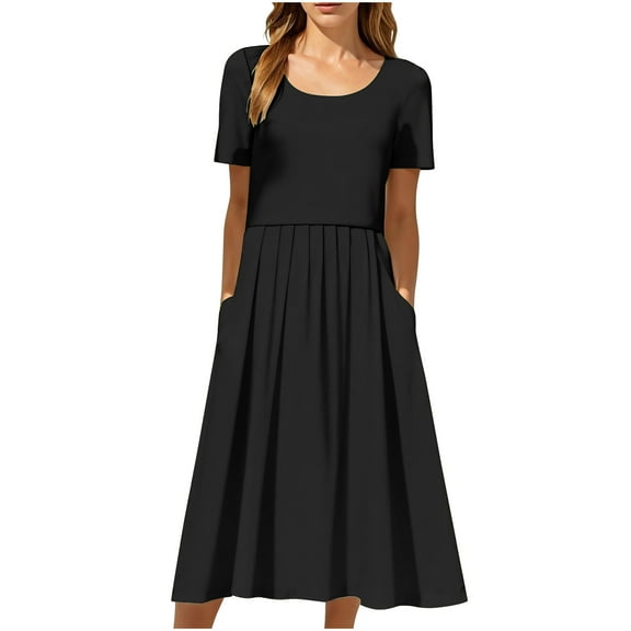Sevevn Women's Vacation Casual Party Daily Folded Round Neck Solid Short Sleeve Dresses With Pocket