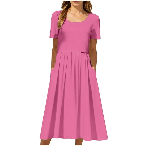 Sevevn Women's Vacation Casual Party Daily Folded Round Neck Solid Short Sleeve Dresses With Pocket