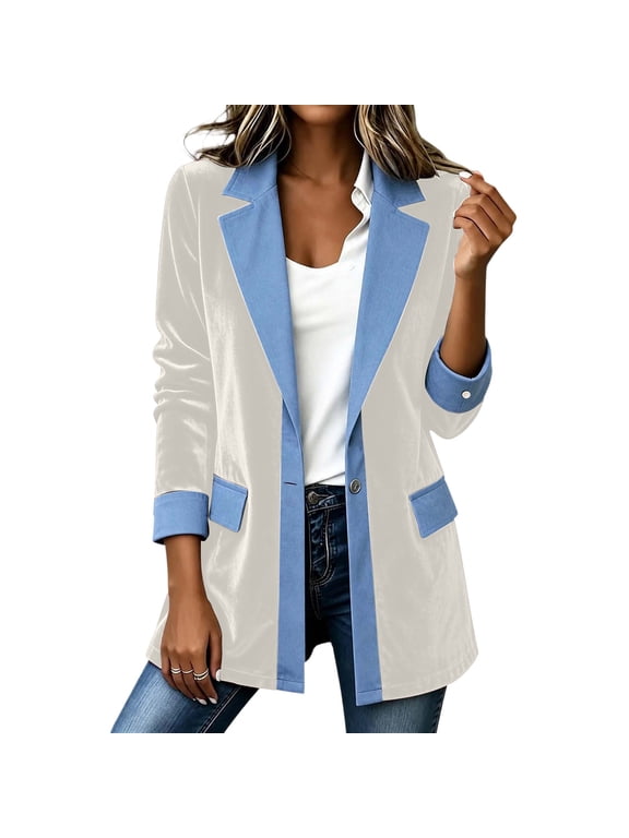 Women's Velvet Blazer Jacket Denim Contrast Lapel Trim One‑Button Roll‑Up Long Sleeve Patch Pockets Suit Jacket White S