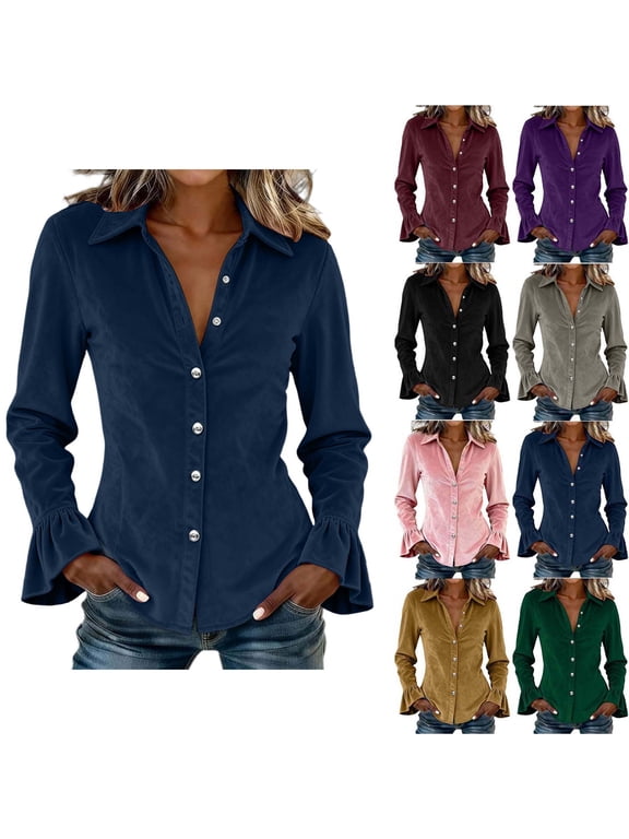 Women's Velvet Button Down Shirt Collared Long Sleeve Flare Cuff Blouse Slim Fit Elegant Casual Tops Navy M