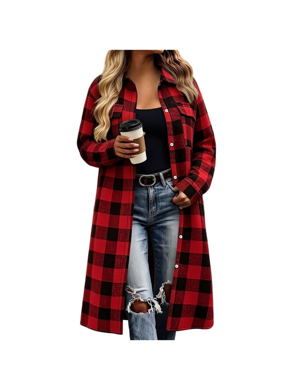 Women's Versatile Oversized Plaid Flannel Boyfriend Coat Plus Size Long Tartan Shacket Fall Winter Fashion Outfits for Walking Shopping Business Casual