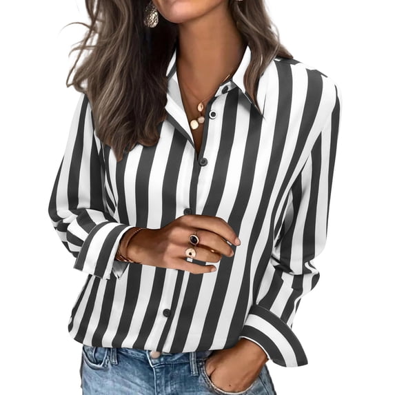 Sevevn Women's Vertical Striped Button Down Shirt Collared Long Sleeve Casual Blouse Loose Fit Office Daily Tops Black S