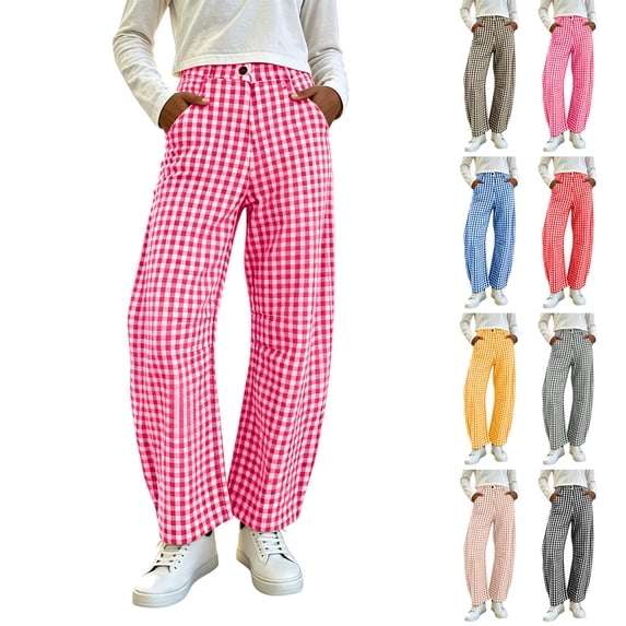 Sevevn Women's Vintage Gingham Plaid Wide Leg Pants High Waist Button Fly Casual Full Length Check Trousers with Pockets Hot Pink S