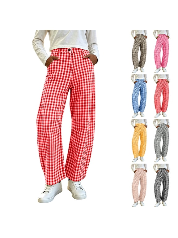 Women's Vintage Gingham Plaid Wide Leg Pants High Waist Button Fly Casual Full Length Check Trousers with Pockets Red M
