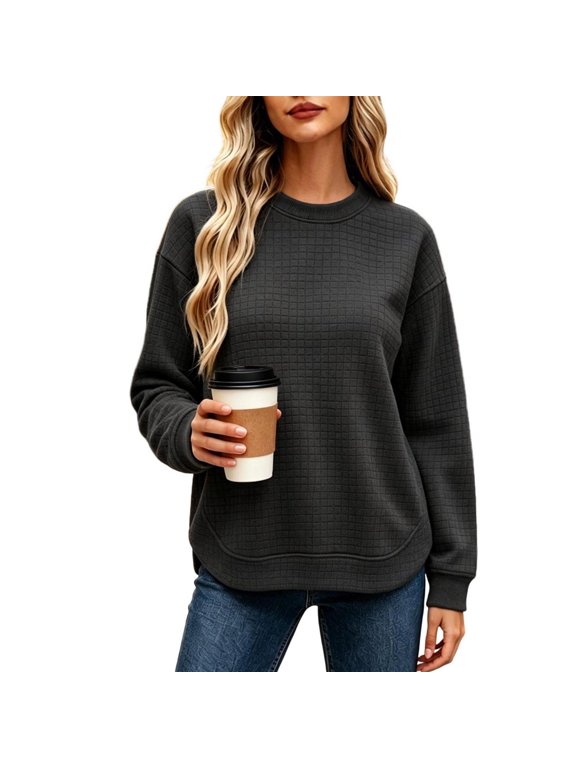Women's Waffle Grid Textured Crew Neck Sweatshirt Long Sleeve Loose Pullover Top Curved Hem Casual Shirt Gray M