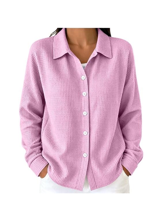 Women's Waffle Knit Button Down Shirt Collar Long Sleeve Casual Shacket Loose Blouse Pink L