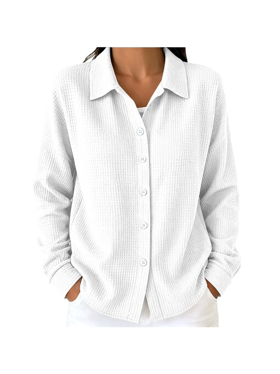 Women's Waffle Knit Button Down Shirt Collar Long Sleeve Casual Shacket Loose Blouse White XL