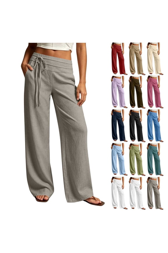Women’s Wide Leg Pants Casual High Waist Tie Front Palazzo Trousers Loose Flowy Lounge Pants with Pockets Lightweight Travel Vacation Beach Everyday Wear Gray XL