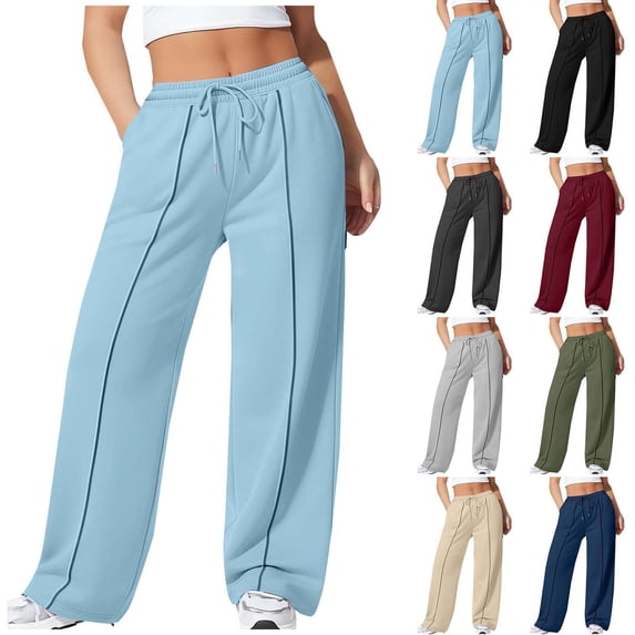 Sevevn Women's Wide Leg Sweatpants High Waisted Drawstring Lounge Pants Casual Straight Leg Athletic Yoga Pants with Pockets Loose Fit Travel Workout Light Blue XXL