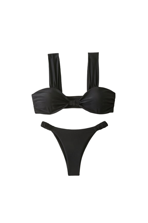 Women's Wide Strap Bandeau Bikini Set Bow Decor Ruched Thong Two Piece Swimsuit Black L
