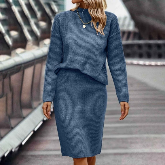 Sevevn Women's Winter Casual Solid Color Knitted Sweater Long Sleeve Turtleneck Blue M Deal of the Week
