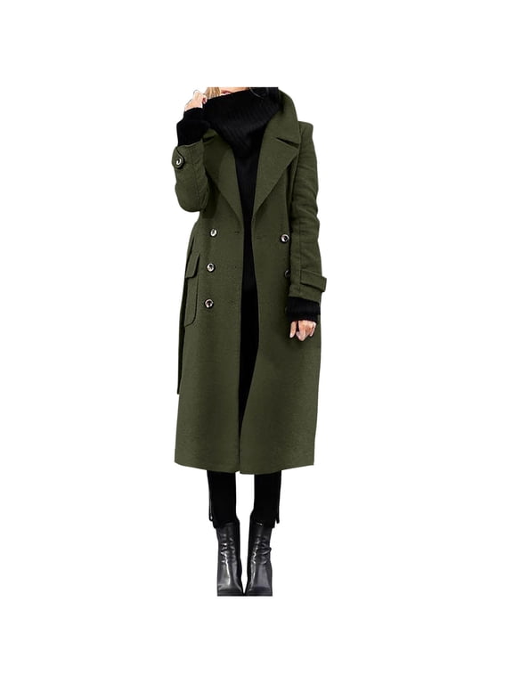 Women's Winter Double Breasted Wool Coat Business Casual Long Winter Pea Coat with Belt