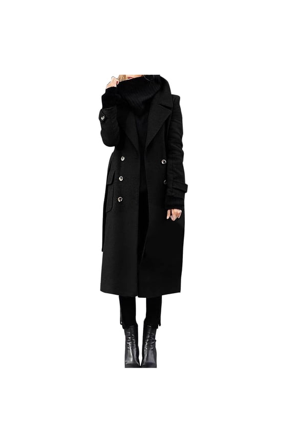 Women's Winter Double Breasted Wool Coat Business Casual Long Winter Pea Coat with Belt