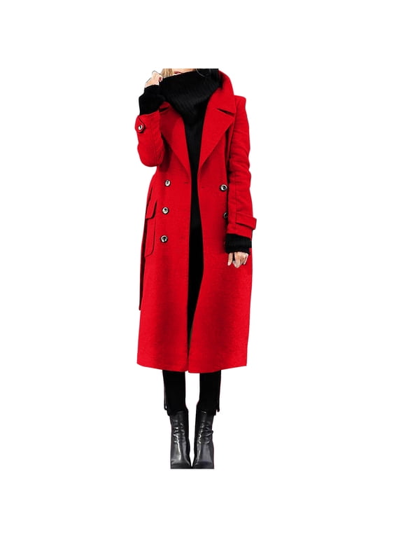 Women's Winter Double Breasted Wool Coat Business Casual Long Winter Pea Coat with Belt