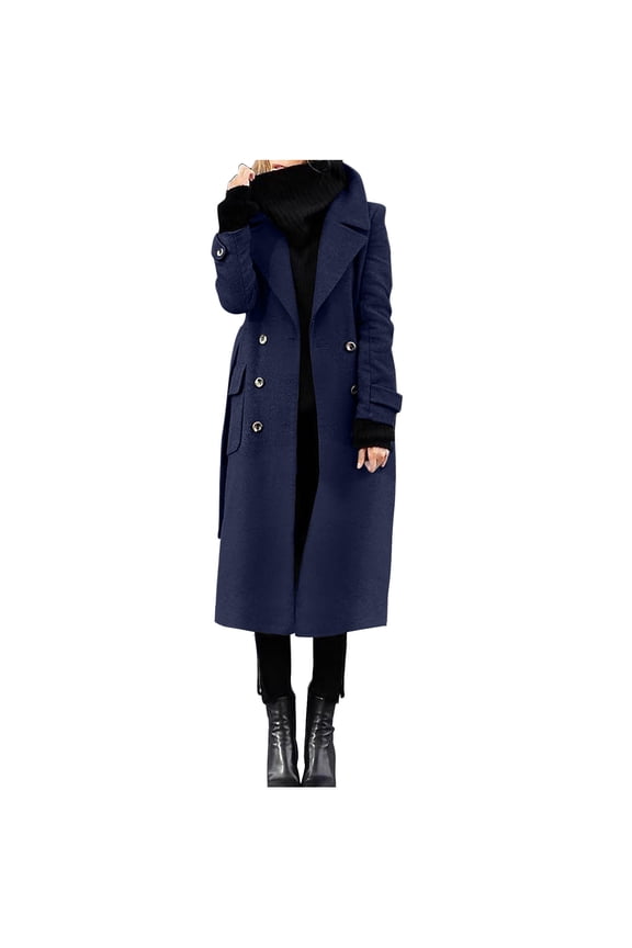 Women's Winter Double Breasted Wool Coat Business Casual Long Winter Pea Coat with Belt