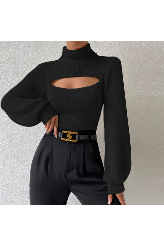 Women's Winter Fashion Sexy Tube Top Long Sleeve Round Neck Turtleneck Cropped Sweater Top Black XS Family Gifts