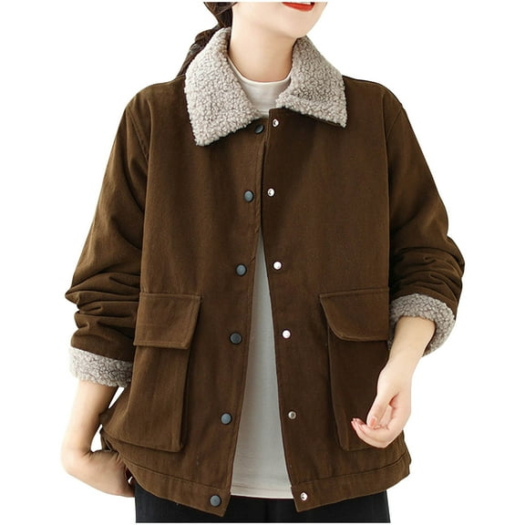 Sevevn Women's Winter Lapel And Fleece Women's Loose Casual Warm Coat-Padded Coat Long-Sleeved Casual Coat