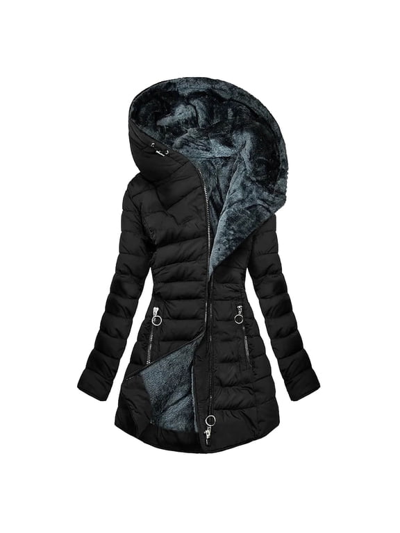 Women's Winter Warm Puffer Coats Fleece Hood Zipper Long Jackets Slim Fit Drawstring Thicken Overcoats with Pockets