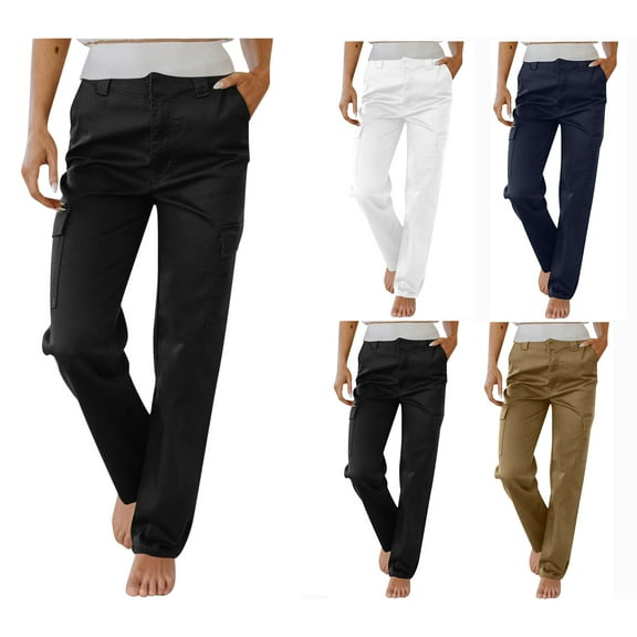 Sevevn Women's Work Pants Mid Rise Relaxed Straight Leg Cargo Casual Trousers With Multi Pockets Black S Summer Gift
