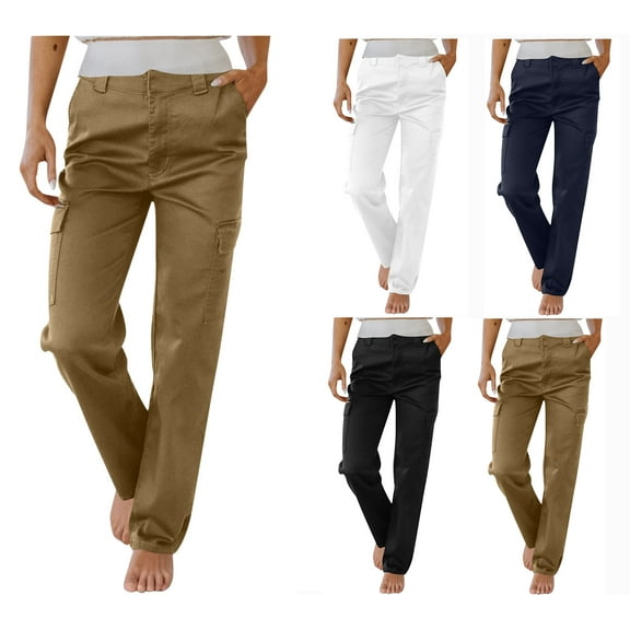 Sevevn Women's Work Pants Mid Rise Relaxed Straight Leg Cargo Casual Trousers With Multi Pockets Khaki M Gift for Adults