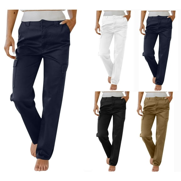 Sevevn Women's Work Pants Mid Rise Relaxed Straight Leg Cargo Casual Trousers With Multi Pockets Navy L Women Beach Fashion