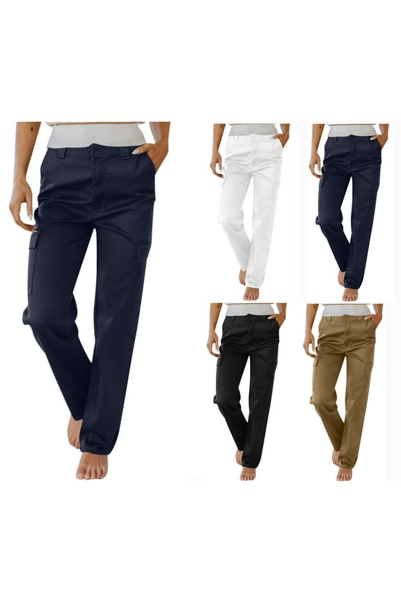 Women's Work Pants Mid Rise Relaxed Straight Leg Cargo Casual Trousers With Multi Pockets Navy L Women Beach Fashion