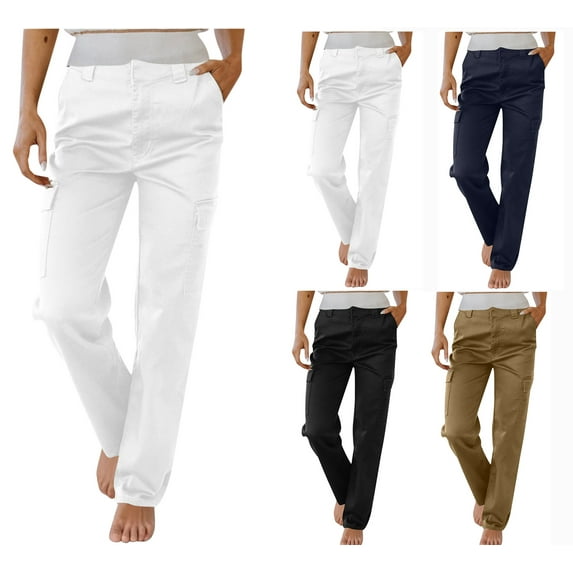 Sevevn Women's Work Pants Mid Rise Relaxed Straight Leg Cargo Casual Trousers With Multi Pockets White M Spring Tops for Women