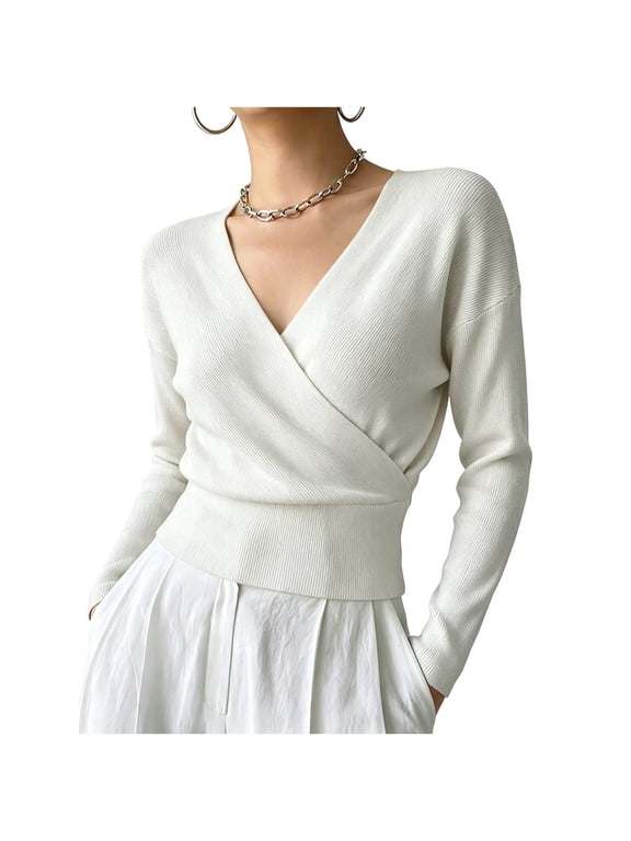 Women's Wrap V-Neck Cropped Knit Sweater Long Sleeve Casual Tops