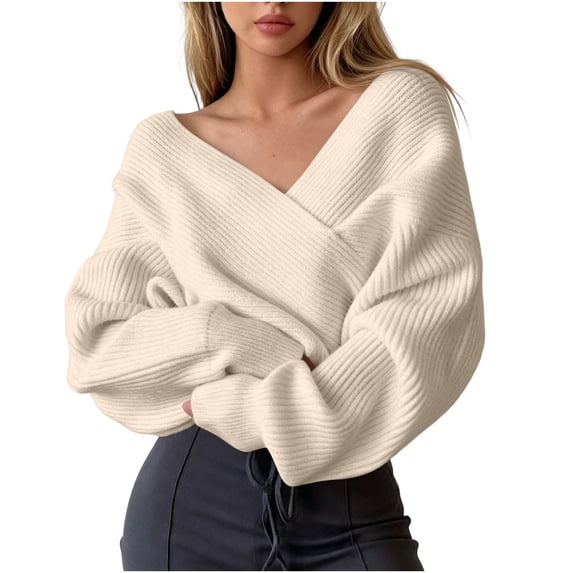 Sevevn Women's Wrap V Neck Cropped Sweaters Casual Long Sleeve Knit Tops Soft Shirts Trendy Outfits for Walking Shopping & Dating Look