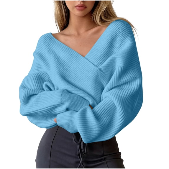 Sevevn Women's Wrap V Neck Cropped Sweaters Casual Long Sleeve Knit Tops Soft Shirts Trendy Outfits for Walking Shopping & Dating Look