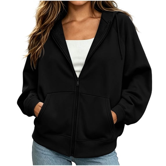 Sevevn Women's Zip Drawstring Hooded Pocket Solid Color Fleece Jacket