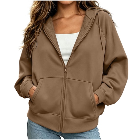 Sevevn Women's Zip Drawstring Hooded Pocket Solid Color Fleece Jacket