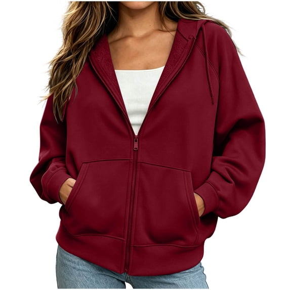 Sevevn Women's Zip Drawstring Hooded Pocket Solid Color Fleece Jacket