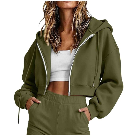 Sevevn Women's Zip Hooded Solid Color Long Sleeve Fleece Sweatshirt Winter