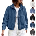 thumbnail image 1 of Sevevn Women's Zip Up Cropped Denim Jacket Stand Collar Elastic Hem Oversized Washed Jean Bomber Jacket with Pockets Blue XXL, 1 of 9
