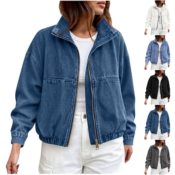 Sevevn Women's Zip Up Cropped Denim Jacket Stand Collar Elastic Hem Oversized Washed Jean Bomber Jacket with Pockets Blue XXL