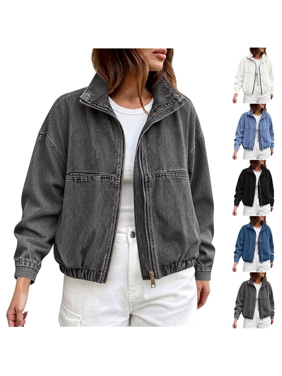 Women's Zip Up Cropped Denim Jacket Stand Collar Elastic Hem Oversized Washed Jean Bomber Jacket with Pockets Gray M
