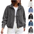 thumbnail image 1 of Sevevn Women's Zip Up Cropped Denim Jacket Stand Collar Elastic Hem Oversized Washed Jean Bomber Jacket with Pockets Gray XL, 1 of 9