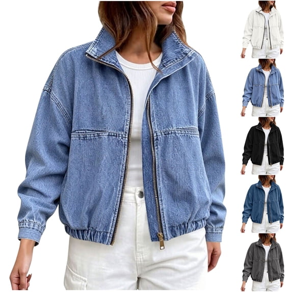 Sevevn Women's Zip Up Cropped Denim Jacket Stand Collar Elastic Hem Oversized Washed Jean Bomber Jacket with Pockets Light Blue M