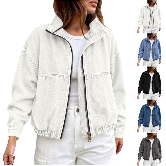 Sevevn Women's Zip Up Cropped Denim Jacket Stand Collar Elastic Hem Oversized Washed Jean Bomber Jacket with Pockets White L