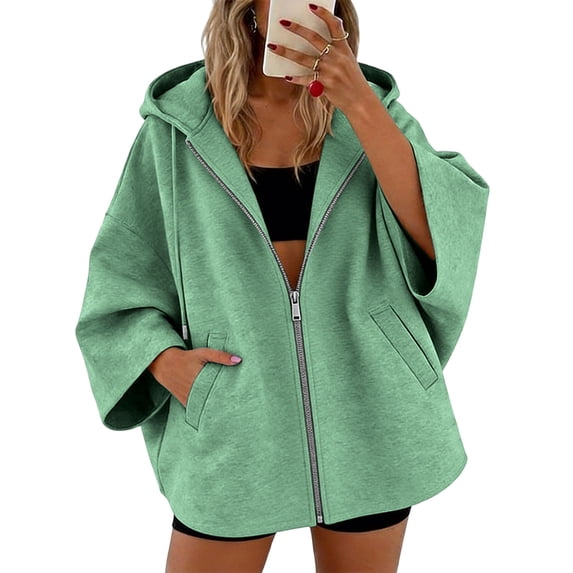 Sevevn Women's Zip‑Up Hooded Jacket Drawstring Hood 3/4 Wide Flare Sleeve Oversized Hoodie Coat With Pockets Green M