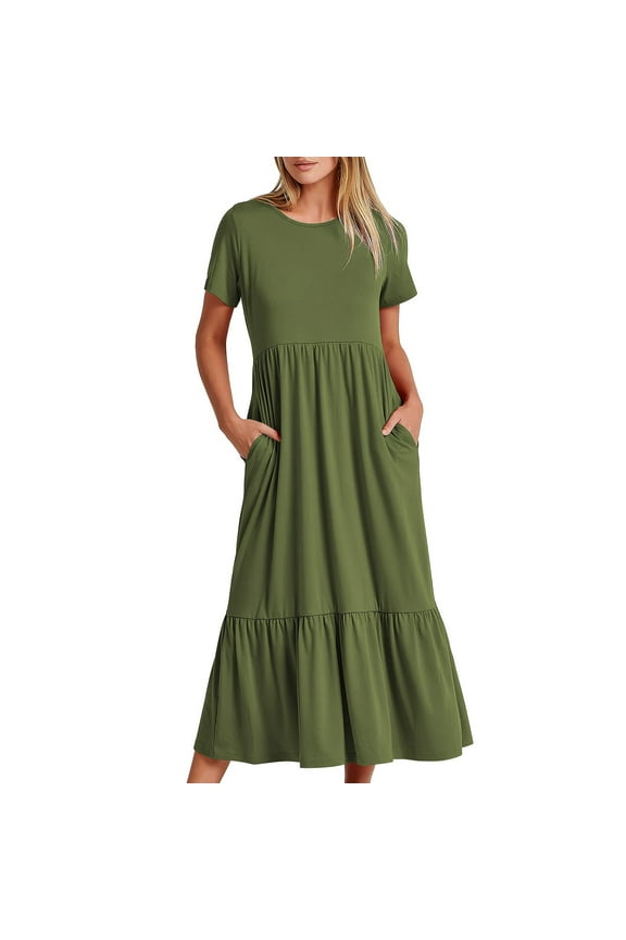 Womens 2025 Summer Casual Maxi Dress A line Tiered Flowy Short Sleeve Crewneck T Shirt Beach Travel Long Dresses