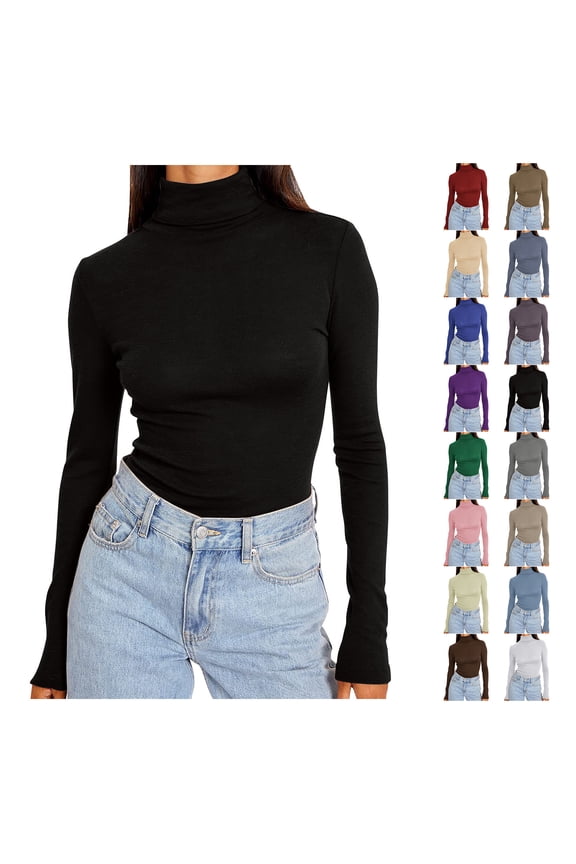 Womens Basic Turtleneck Long Sleeve Slim Fit Top Soft Stretchy Mock Neck Shirt Casual Layering Tee for Fall Winter Black XL