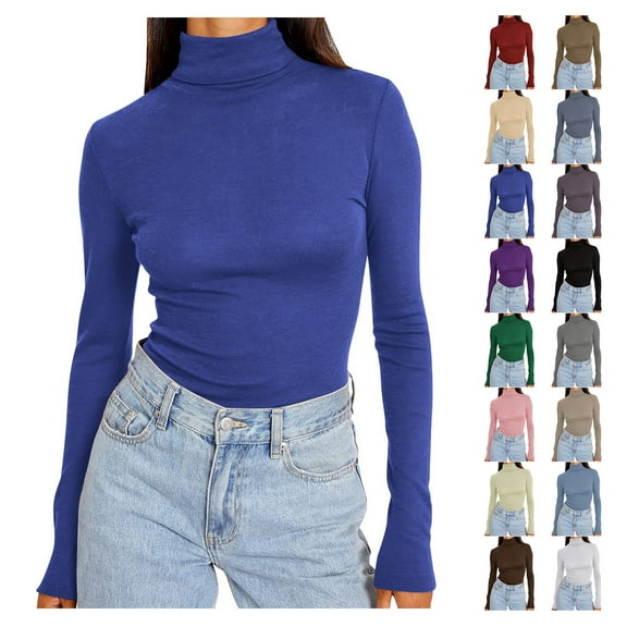 Sevevn Womens Basic Turtleneck Long Sleeve Slim Fit Top Soft Stretchy Mock Neck Shirt Casual Layering Tee for Fall Winter Blue L