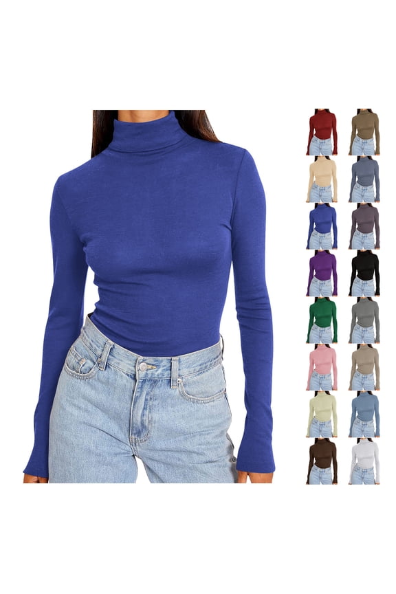 Womens Basic Turtleneck Long Sleeve Slim Fit Top Soft Stretchy Mock Neck Shirt Casual Layering Tee for Fall Winter Blue L