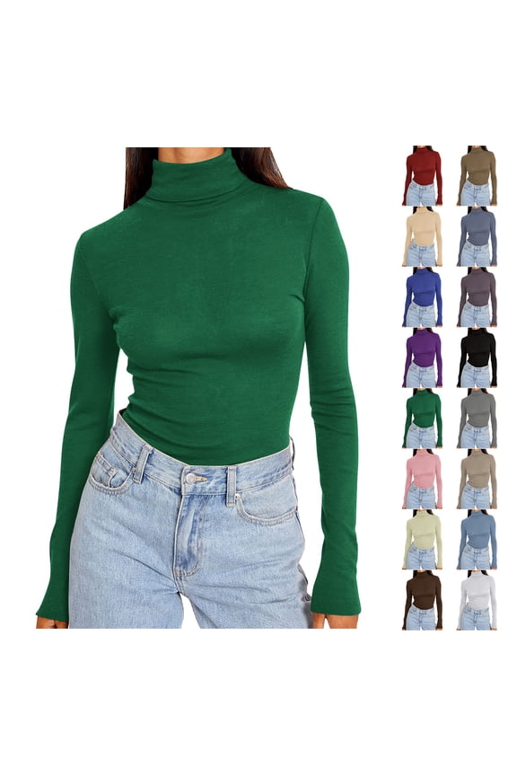 Womens Basic Turtleneck Long Sleeve Slim Fit Top Soft Stretchy Mock Neck Shirt Casual Layering Tee for Fall Winter Green XXL