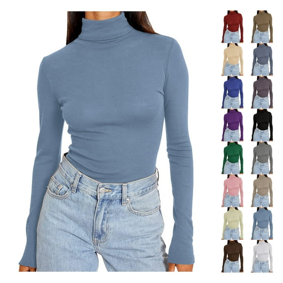 Sevevn Womens Basic Turtleneck Long Sleeve Slim Fit Top Soft Stretchy Mock Neck Shirt Casual Layering Tee for Fall Winter Light Blue L