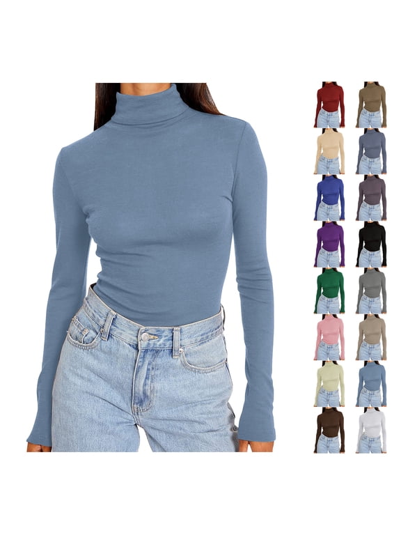 Womens Basic Turtleneck Long Sleeve Slim Fit Top Soft Stretchy Mock Neck Shirt Casual Layering Tee for Fall Winter Light Blue M